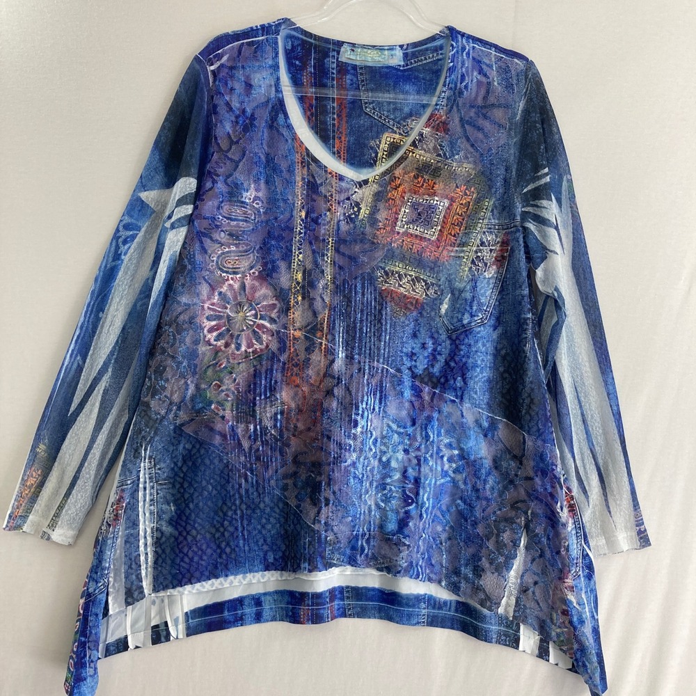 Impulse California Top Large Blue Mesh Lace Abstract Print Artsy Boho Stretch